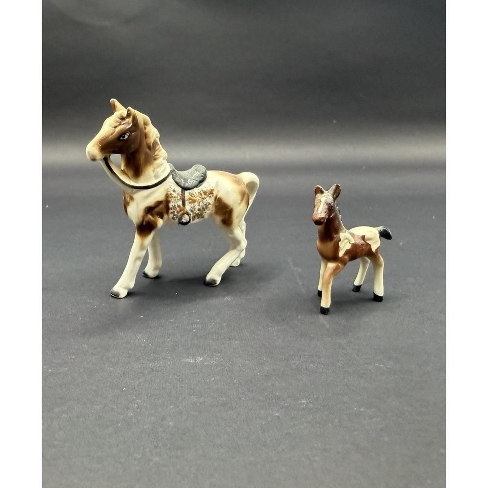 Vintage Miniature Horse & Foal Figurine Set Porcelain Japan Style Pony Pair